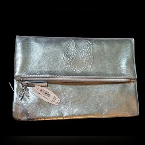 Victoria’s Secret Silver Fold Over Clutch Cosmetic Bag Pouch Etched Angel Wings